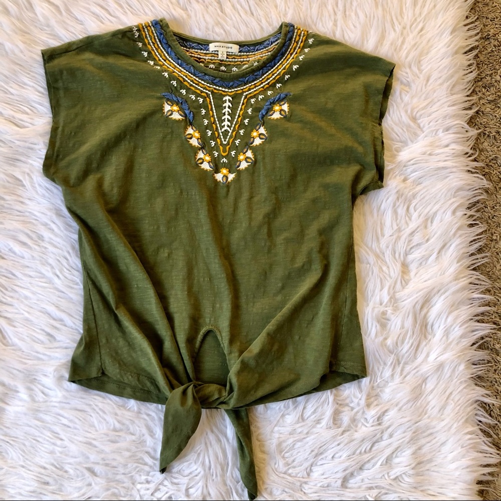 Max Studio olive green tie waist top, small